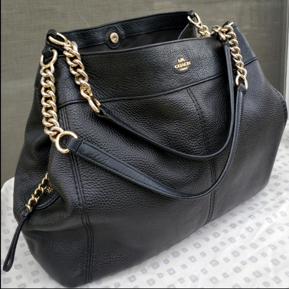 Coach Lexy Black Pebbled Leather Hobo Tote Chain Shoulder Bag F28998